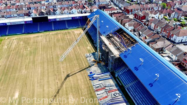 Drone image from My Portsmouth By Drone have brilliantly captured the new TV gantry being built on the South Stand.